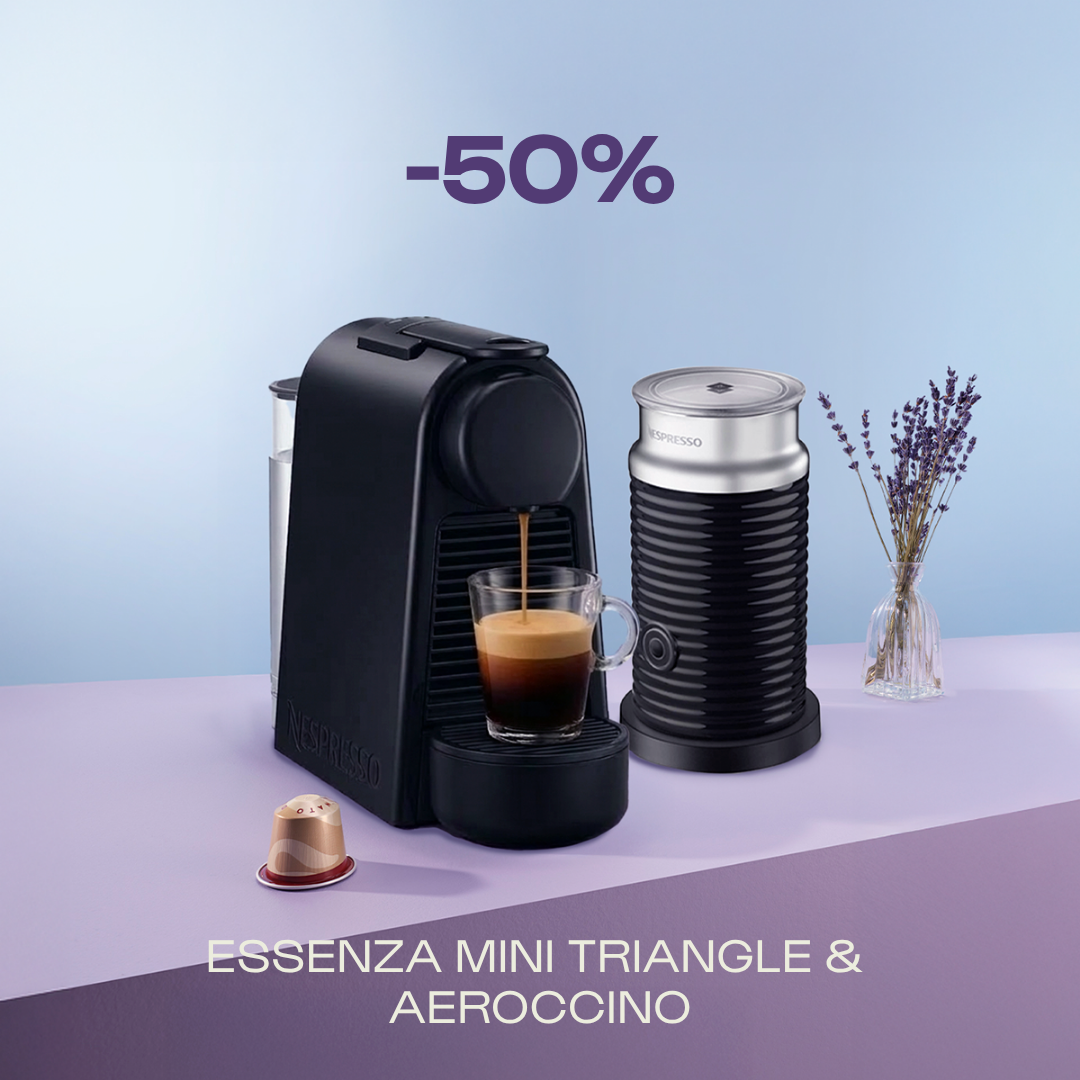 50% OFF THE ESSENZA MINI TRIANGLE & AEROCCINO COFFEE MACHINE, WHEN YOU BUY 140 ORIGINAL CAPSULES